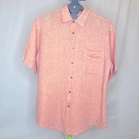 Jos. A. Bank Men’s Short Sleeve Salmon Pink Linen Button Up Shirt Size L - Picture 1 of 4